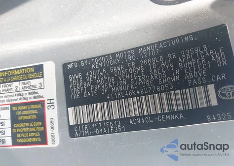 2008 Toyota Camry Le from USA, damaged, VIN 4T1BE46K48U778053